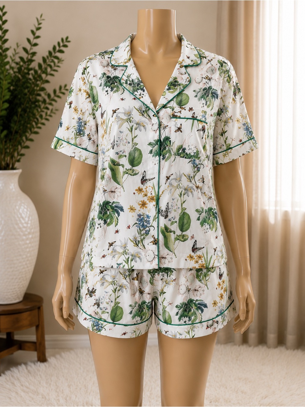 Floral Green Trim Short Pajama Set - Women Intimates & Sleepwear